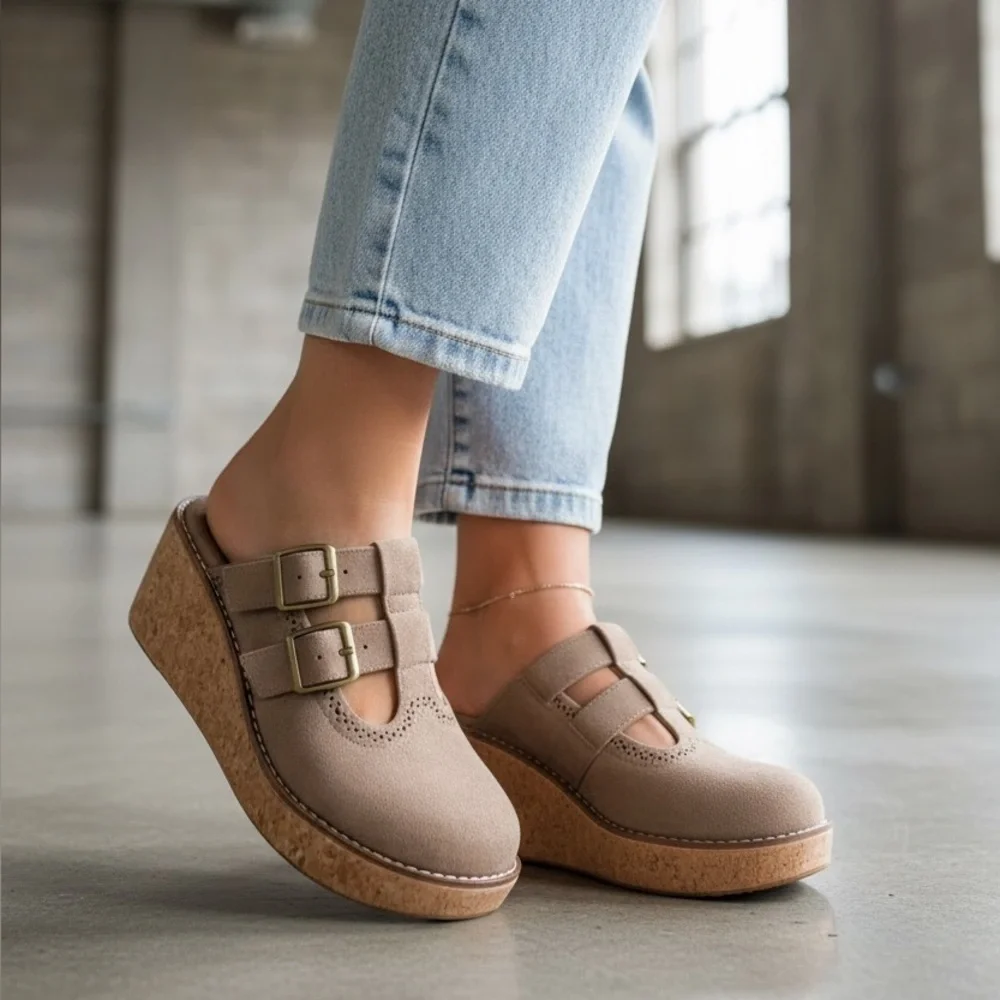 NIB Pierre Dumas Vegan Suede Close Toes Boho Mules Clog Wedge Heel Shoes Taupe - Picture 8 of 10